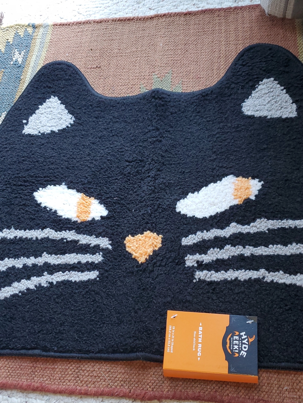 Black Cat Face Plush Bath Mat with Cream & Gold Accents, nwt, 19x21"